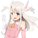  1girl :d detached_sleeves elel185 fate/kaleid_liner_prisma_illya fate_(series) gloves illyasviel_von_einzbern long_hair magical_girl middle_w open_mouth red_eyes silver_hair simple_background smile solo white_background white_gloves 