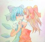  2girls arm_around_neck blue_eyes blue_hair bow brown_hair cirno closed_eyes detached_sleeves hair_bow hair_tubes hakurei_reimu highres hug ice ice_wings long_hair looking_at_another multiple_girls open_mouth pink_background puffy_short_sleeves puffy_sleeves short_hair short_sleeves touhou traditional_media upper_body watercolor_(medium) white_blouse wings yuri yuyu_(00365676) 