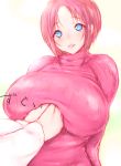  1girl blue_eyes breasts huge_breasts looking_at_viewer parted_lips redhead ribbed_sweater sakuru sketch smile solo_focus sweater translation_request 