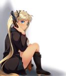  1girl blonde_hair blue_eyes boots coat dark_skin gun gunslinger_girl hair_ribbon highres knee_boots kneehighs long_hair ribbon shotgun sitting solo tebukuro triela twintails very_long_hair weapon winchester_model_1897 