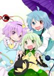  3girls :d blue_eyes blue_hair commentary green_eyes green_hair heterochromia karakasa_obake komeiji_koishi komeiji_satori multiple_girls open_mouth purple_hair red_eyes short_hair smile tagme tatara_kogasa third_eye touhou umbrella violet_eyes yuzuna99 