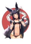  1girl \m/ absurdres animal_ears ass_visible_through_thighs bell black_gloves black_hair breasts cleavage collarbone fox_ears gloves granblue_fantasy grin hair_bell hair_ornament highres kumonji_aruto long_hair looking_at_viewer navel red_eyes simple_background smile solo teeth twitter_username white_background yuel_(granblue_fantasy) 