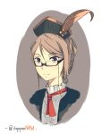  1girl brown_hair feathers glasses guildmarm_(monster_hunter) hat highres looking_at_viewer monster_hunter monster_hunter_4_g necktie portrait semi-rimless_glasses short_hair smile solo upper_body 