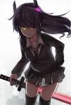  1girl alternate_hair_length alternate_hairstyle black_legwear blush breasts eyepatch headgear kantai_collection long_hair necktie purple_hair samanosuke school_uniform short_hair solo sword tenryuu_(kantai_collection) thigh-highs weapon yellow_eyes 