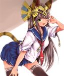  1girl ;d animal_ears bastet_(p&amp;d) black_legwear blush brown_hair cat_ears cat_tail dark_skin egyptian fang green_eyes jewelry long_hair looking_at_viewer one_eye_closed open_mouth pleated_skirt puzzle_&amp;_dragons school_uniform serafuku silver_(pixiv5594793) sketch skirt smile solo tail thigh-highs v w zettai_ryouiki 