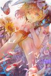  1girl area12 bangs blonde_hair bow butterfly commentary_request flower frills hair_bow highres index_finger_raised interlocked_fingers kagamine_rin koi looking_at_viewer nail_polish number sleeveless solo tattoo tears vocaloid white_bow yellow_nails 