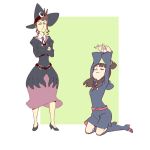  1girl 2girls age_difference akko_kagari animated animated_gif apologizing belt boots bowing brown_hair character_request closed_eyes crossed_arms frown hat kneeling little_witch_academia long_hair multiple_girls no_hat official_art school_uniform sidelocks simple_background white_background witch witch_hat 