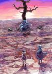  1boy 1girl amamori_kohan bare_tree blue_hair double_bass from_behind guitar hat instrument kairi_(murasaki) landscape murasaki_(game) piano pink_hair satsuki_(murasaki) shamisen sunset tree 