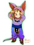  1girl animal_ears beerus_(cosplay) dragon_ball dragon_ball_z fake_animal_ears fake_tail full_body hood ochanoko_(get9-sac) pan_(dragon_ball) solo twitter_username 