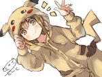  1girl artist_name brown_eyes brown_hair character_hood commentary_request darkside inazuma_(kantai_collection) kantai_collection looking_at_viewer pikachu_costume pikachu_ears pikachu_tail pokemon raised_hand smile solo tail 