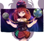  1girl bare_shoulders chain clothes_writing collar earth_(ornament) hat hecatia_lapislazuli long_hair moon_(ornament) red_eyes redhead shirt skirt smile solo t-shirt touhou ts1016 