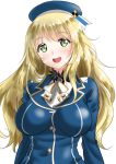  1girl atago_(kantai_collection) beret blonde_hair blush breasts green_eyes hat impossible_clothes kantai_collection kasugano_tobari large_breasts long_hair long_sleeves looking_at_viewer military military_uniform open_mouth simple_background smile solo uniform upper_body white_background 
