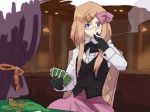  1girl axis_powers_hetalia between_fingers black_gloves black_vest blonde_hair blue_eyes bow braid card casino chair chandelier cigarette coin curtains dress_shirt glasses gloves hair_bow hair_ornament hairclip holding holding_card long_hair long_skirt long_sleeves monaco_(hetalia) money moviestar pink_bow pink_skirt playing_card semi-rimless_glasses shirt single_braid sitting skirt smoke smoking solo striped striped_shirt table under-rim_glasses v vertical-striped_shirt vertical_stripes vest 