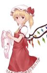  1girl ascot blonde_hair bow dress dyolf flandre_scarlet hat hat_bow looking_at_viewer mob_cap puffy_short_sleeves puffy_sleeves red_dress red_eyes sash short_sleeves side_ponytail solo stuffed_animal stuffed_bunny stuffed_toy touhou wings 