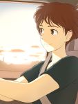  1girl brown_eyes brown_hair driving gake_no_ue_no_ponyo jas light_smile risa_(ponyo) short_hair shoulder_belt solo studio_ghibli 