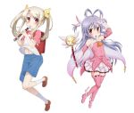  10s 2girls alternate_hairstyle antenna_hair backpack bag blue_hair blush boots chestnut_mouth company_connection cosplay costume_switch cross crossover cute fate/grand_order fate/kaleid_liner_prisma_illya fate/stay_night fate_(series) floral_print gloves illyasviel_von_einzbern illyasviel_von_einzbern_(cosplay) instrument legs loli looking_at_another magical_ruby media_factory miyauchi_renge miyauchi_renge_(cosplay) multiple_girls navel non_non_biyori official_art playing_instrument prisma_illya prisma_illya_(cosplay) raglan_sleeves randoseru recorder red_eyes season_connection shorts silver_link studio_connection thigh-highs thigh_boots tokyo_mx tv_tokyo twintails two_side_up type-moon v zettai_ryouiki 