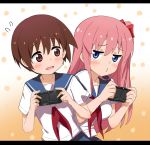  2girls blue_eyes blush bow breasts brown_hair hair_bow handheld_game_console haramura_nodoka highres himouto!_umaru-chan long_hair miyanaga_saki multiple_girls open_mouth parody pink_hair playing_games playstation_vita ribbon saki school_uniform serafuku short_hair skirt style_parody tsubaki_(tsubakiyasan) twintails 