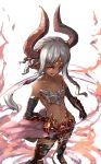  1girl absurdres armored_boots breasts dark_skin gandagouza gauntlets genderswap granblue_fantasy grin highres horns kumonji_aruto looking_at_viewer pointy_ears red_eyes smile solo teeth under_boob white_hair 