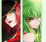  2girls bare_shoulders blue_eyes c.c. code_geass creayus green_hair hair_over_one_eye hat kallen_stadtfeld long_hair looking_down multiple_girls one_eye_covered parted_lips pink_lips red_lips redhead shaded_face short_hair yellow_eyes 