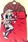  1girl armor barefoot bed bridal_gauntlets come_hither fire_emblem fire_emblem_if headdress long_hair looking_at_viewer my_unit_(fire_emblem_if) on_bed red_eyes setz solo white_hair 