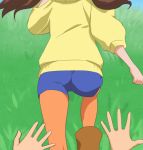  1girl amanogawa_kirara brown_hair from_behind go!_princess_precure hands haruyama_kazunori head_out_of_frame legwear_under_shorts long_hair orange_legwear pantyhose precure shorts solo_focus twintails 