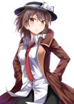  1girl :c brown_eyes brown_hair coat e.o. hands_in_pockets hat hat_ribbon highres jacket long_sleeves looking_at_viewer necktie open_clothes open_coat ribbon shirt skirt solo touhou usami_renko 