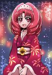  1girl :d akagi_towa blue_background cokata go!_princess_precure japanese_clothes kimono open_mouth precure red_eyes redhead short_hair smile solo twitter_username v_arms yukata 