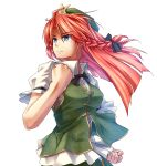  1girl blue_eyes bow braid breasts chinese_clothes clenched_hand clenched_hands collared_shirt dress_shirt fighting_stance hat highres hong_meiling long_hair neck_ribbon puffy_short_sleeves puffy_sleeves redhead ribbon serious shiny_shinx shirt short_sleeves solo star touhou twin_braids white_background 