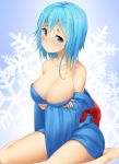  1girl bare_shoulders blue_eyes blue_hair breasts cleavage highres karaage_(ta-na) large_breasts looking_at_viewer original sitting smile snow solo thighs wariza 