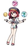  1girl adapted_costume alternate_costume bracelet clothes_writing collar crop_top earth hat hecatia_lapislazuli hemogurobin_a1c jacket jewelry juggling midriff moon navel open_clothes open_jacket open_mouth red_eyes redhead shorts smile solo touhou 