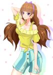 1girl amanogawa_kirara arm_behind_head bare_shoulders breasts brown_hair cleavage contrapposto earrings go!_princess_precure hairband jewelry long_hair looking_at_viewer northman off-shoulder_shirt precure shirt shorts smile solo star star_earrings striped_shorts tied_shirt twintails violet_eyes 