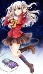  1girl ankle_boots blue_eyes boots brown_boots charlotte_(anime) digital_media_player earphones highres k_ptn long_hair school_uniform serafuku silver_hair tomori_nao twintails two_side_up 