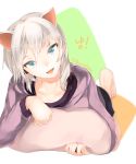  1girl absurdres anastasia_(idolmaster) animal_ears blue_eyes blurry breasts cat_ears depth_of_field fang highres hplay idolmaster idolmaster_cinderella_girls looking_at_viewer open_mouth short_hair silver_hair smile solo 