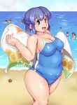  3boys 3girls :d big_belly blue_eyes blue_hair breasts commentary_request covered_navel fat_step-sister_(orizen) half_updo hermit_crab highres inamori_nidai large_breasts looking_at_viewer multiple_boys multiple_girls ocean one-piece_swimsuit open_mouth original orizen plump school_swimsuit short_hair smile solo_focus swimsuit thick_thighs thighs towel 