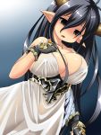  1girl bandages black_eyes breast_suppress breasts cleavage danua dress fingerless_gloves gloves granblue_fantasy hair_between_eyes highres horns jewelry large_breasts long_hair necklace open_mouth pointy_ears solo strap_slip tsuna_(al_dente) very_long_hair white_dress 