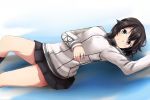  1girl grey_eyes hayasui_(kantai_collection) kantai_collection looking_at_viewer lying on_back short_hair skirt smile solo somechime_(sometime1209) track_jacket 
