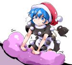  &gt;:3 1girl :3 blob blue_eyes blue_hair doremy_sweet dress frustrated hat kneading nightcap pom_pom_(clothes) shinapuu shirt short_hair skirt solo tail touhou wavy_mouth 