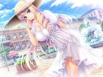  1girl bertille_althusser blonde_hair blue_eyes breasts cleavage dress hat large_breasts long_hair looking_at_viewer see-through_silhouette sky solo straw_hat walkure_romanze white_dress 