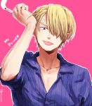  1boy :d blonde_hair blue_eyes cigarette english hair_over_one_eye male_focus one_piece open_mouth pink_background sanji short_hair simple_background smile solo somemiya_suzume tongue tongue_out twitter_username upper_body 