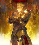  1boy armor astarone blonde_hair crossed_arms dated earrings fate/zero fate_(series) gilgamesh jewelry male_focus red_eyes short_hair smile solo 