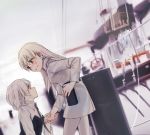  2girls blonde_hair blurry blush eila_ilmatar_juutilainen embarrassed eye_contact girls holding_hands long_hair looking_at_another multiple_girls muted_color necktie orechan pantyhose pouch profile sanya_v_litvyak short_hair silver_hair sketch strike_witches sweatdrop 