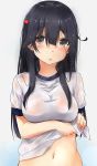  1girl absurdres black_hair blush breasts grey_eyes gym_uniform hachimaki headband highres kantai_collection large_breasts long_hair looking_at_viewer navel open_mouth saku_(kudrove) see-through solo squeezing upper_body ushio_(kantai_collection) wet wet_clothes 
