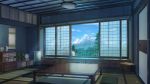  air_conditioner architecture book box cabinet clouds cushion east_asian_architecture highres indoors light_particles mountain niko_p no_humans original photo_(object) plant potted_plant railing scenery scroll signature sky sliding_doors sunlight table tatami tree vase window 