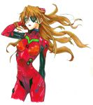  1girl :o arm_behind_back bangs bodysuit brown_hair cowboy_shot duct_tape eyepatch floating_hair gloves hair_ornament hand_in_hair hand_up highres long_hair looking_at_viewer neon_genesis_evangelion number open_mouth pilot_suit plugsuit rebuild_of_evangelion shikinami_asuka_langley simple_background skinny small_breasts solo souryuu_asuka_langley traditional_media turtleneck very_long_hair white_background 