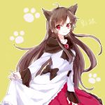  1girl animal_ears brown_hair dress fang green_background honotai imaizumi_kagerou layered_dress long_hair long_sleeves looking_at_viewer paw_print red_eyes ribbon smile solo touhou wide_sleeves wolf_ears 