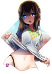  1girl :o absurdres bangs black_panties blue_eyes blush breasts brown_hair groin headphones highleg highleg_panties highres kuromaru9 long_hair looking_at_viewer madeon midriff navel off_shoulder panties personification shaded_face shirt_lift short_sleeves solo symbol-shaped_pupils t-shirt underwear upper_body 