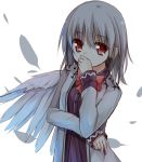  1girl angel_wings covering_mouth dress feathers jacket kishin_sagume long_sleeves looking_at_viewer open_clothes open_jacket purple_dress red_eyes silver_hair single_wing solo touhou wings yuuhagi_(amaretto-no-natsu) 