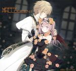  1boy 1girl bare_shoulders bat_wings commentary_request cross dated elbow_gloves flower gloves gothic_lolita hair_flower hair_ornament halloween happy_halloween holding_hands indoors itsuki_(s2_129) lolita_fashion looking_at_viewer original rose smile vines window wings 