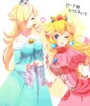  2girls blonde_hair blue_dress blue_eyes breasts crown dress earrings jewelry long_gloves long_hair multiple_girls nintendo one_eye_closed pink_dress pixiv_manga_sample poo princess_peach rosetta_(mario) smile wand 