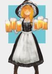  1girl adapted_costume alcohol alternate_costume apron beer black_dress boots bow braid cross-laced_footwear dirndl dress german_clothes grin hair_bow hair_ornament haru_akira hat hat_ribbon kirisame_marisa lace-up_boots long_sleeves looking_at_viewer oktoberfest orange_eyes orange_hair ribbon short_hair side_braid single_braid smile smirk solo touhou waist_apron witch_hat 